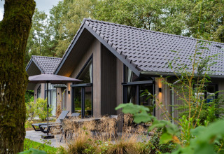 Modern lodge with dark roof and patio at Holiday park Latour, Netherlands, surrounded by lush greenery.