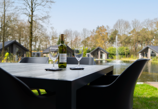 Outdoor table with wine and glasses at Ecovilla Waterzicht Comfort Sauna & Buitendouche, Latour, Netherlands.
