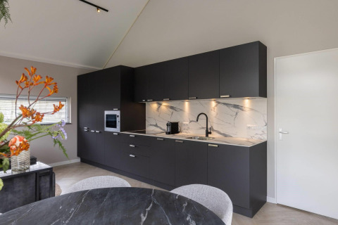 Cocina moderna en Ecovilla Boszicht Comfort, Holiday park Latour, Países Bajos, con alacenas oscuras.
