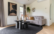 Soggiorno moderno nella Villa Bosrand Comfort all’Holiday park Latour, Olanda, con divano grigio e tappeto nero.