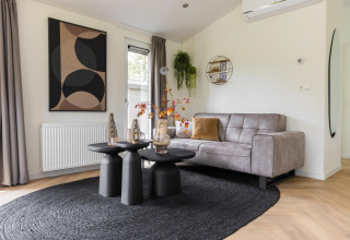 Modern lounge at Villa Bosrand Comfort in Holiday park Latour, Netherlands, with grey sofa and black rug.