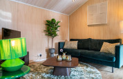Soggiorno nella Lodge Deluxe Plus presso Holiday park Latour, Paesi Bassi, con divano verde e decorazione moderna.