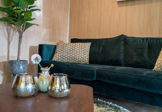 Salotto elegante nella Lodge Deluxe Plus presso Holiday park Latour, divano verde e cuscini decorativi.