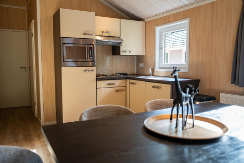 Cucina e zona pranzo moderna nella Lodge Deluxe Plus, Holiday park Latour, Paesi Bassi, con decorazione.