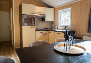 Cucina e zona pranzo moderna nella Lodge Deluxe Plus, Holiday park Latour, Paesi Bassi, con decorazione.