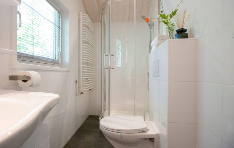 Bagno moderno con doccia, wc e finestra presso Lodge Deluxe Plus, Holiday park Latour nei Paesi Bassi.