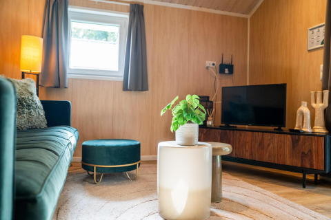 Soggiorno moderno nella Lodge Deluxe al Holiday park Latour, Paesi Bassi, con divano verde e TV.