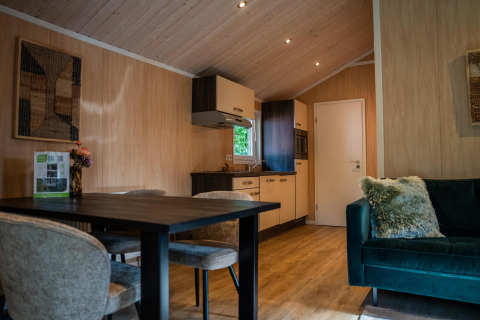 Modern lodge interior with dining table, kitchen, and couch at Lodge Deluxe, Holiday park Latour, Netherlands.