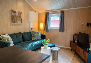 Accogliente soggiorno nella Lodge Deluxe al Holiday park Latour, Paesi Bassi, con divano verde e arredo moderno.