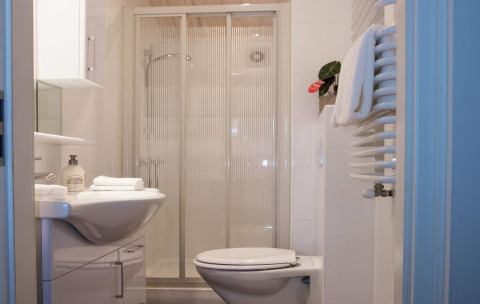 Baño moderno con ducha, inodoro, lavabo y radiador toallero en la Lodge Deluxe Holiday park Latour, Países Bajos.