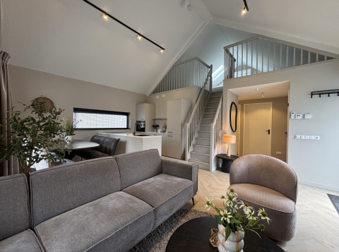 Soggiorno moderno con divano grigio e scala aperta a Ecovilla Boszicht Luxe, Holiday Park Latour, Paesi Bassi.