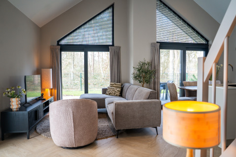 Sala de estar en Ecovilla Boszicht Luxe, Holiday park Latour, Países Bajos, con decoración contemporánea.