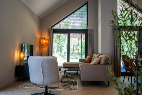 Bright, modern living room at Ecovilla Waterzicht Luxe, Holiday park Latour in the Netherlands, with forest view.