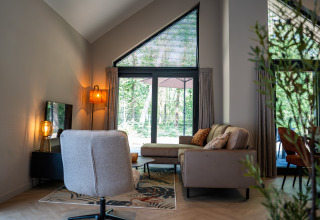 Bright, modern living room at Ecovilla Waterzicht Luxe, Holiday park Latour in the Netherlands, with forest view.