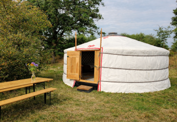 Mongoolse ger in de natuur met open deur, houten bank en tafel, bloemen in een vaasje.