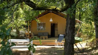Safarizelt mit eigenem Bad, umgeben von Bäumen, mit Veranda und Gartenmöbeln im Grünen.