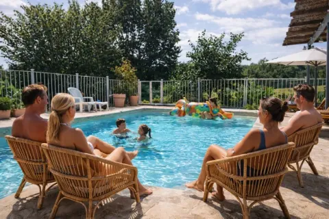 Familier nyder en solrig dag ved poolen på Domaine de La Velle-ferieparken i Occitanie, Frankrig.
