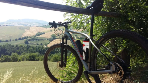 Bicicleta de montaña apoyada en una valla con vistas a colinas en Agricampeggio Tasteria, Marche, Italia.