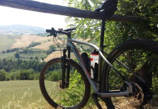 Bicicletta appoggiata a una staccionata con vista sulle colline di Agricampeggio Tasteria, Marche, Italia.