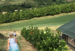 Twee kinderen lopen over een pad bij Agricampeggio Tasteria vakantiepark in Marche, Italië, tussen groene heuvels.