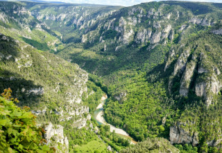 Vue panoramique sur une vallée verdoyante et une rivière sinueuse près de Saint-Projet, Occitanie, France.