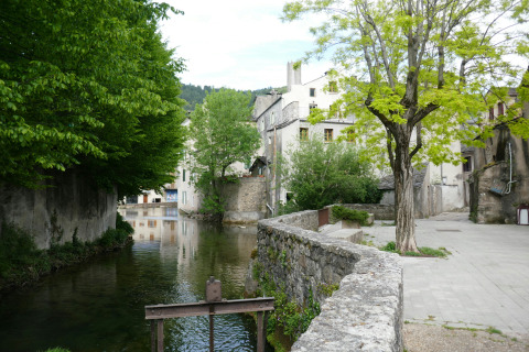 Photo d’une rivière bordée d’arbres et de maisons anciennes à Les Savonniers, Occitanie, France.