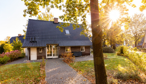 Wellness Lodge XXL aan het Hof van Salland in Nederland, gezellig huis met tuin en zonlicht door de bomen.