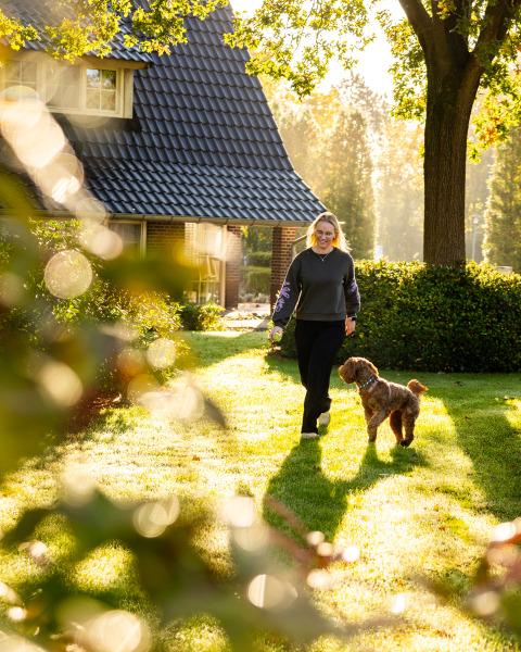 Vrouw wandelt met hond bij Wellness Lodge XXL op Hof van Salland in Nederland, omringd door zonlicht.