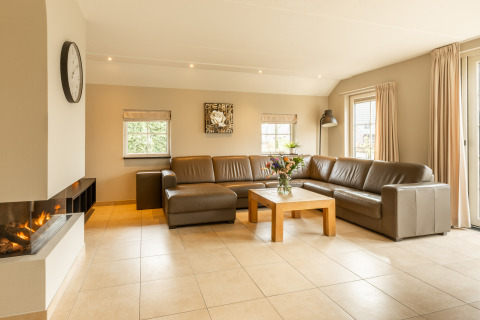 Heldere, moderne woonkamer met lederen zetel en open haard in Wellness Lodge XXL bij Hof van Salland, Nederland.