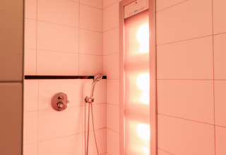 Douche met regendouche en infraroodpaneel in Wellness Lodge XXL bij Hof van Salland, Nederland.