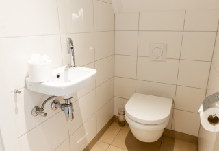Moderne, compacte badkamer met zwevend toilet en kleine wasbak in Wellness Lodge XXL, Hof van Salland.