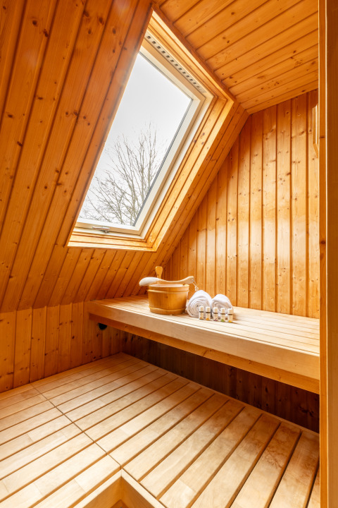 Binnenzicht van houten sauna met dakraam in Wellness Lodge XXL bij Hof van Salland, Nederland.