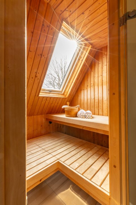 Zonnig sauna-interieur met houten bekleding en dakraam in Wellness Lodge XXL, Hof van Salland, Nederland.