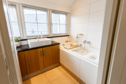 Moderne badkamer met bad, wastafel en grote ramen in Wellness Lodge XXL, Hof van Salland, Nederland.