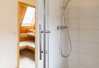 Moderne douche met glazen deur en regendouche, zicht op sauna in Wellness Lodge XXL, Hof van Salland.