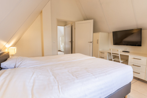 Dormitorio luminoso en Wellness Lodge XL, Hof van Salland, Países Bajos, con cama doble, TV y escritorio.