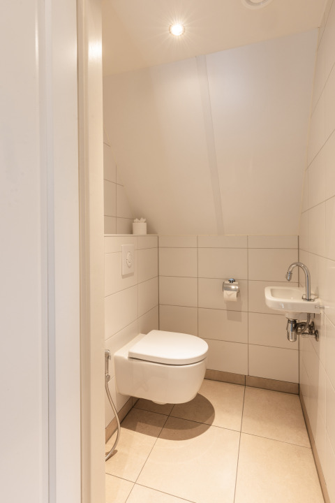 Pequeño baño moderno en Wellness Lodge XL, Hof van Salland, Países Bajos, con inodoro suspendido.