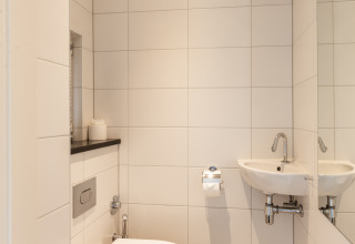 Baño moderno y compacto con inodoro de pared y lavabo, Wellness Lodge XL, Hof van Salland, Países Bajos.