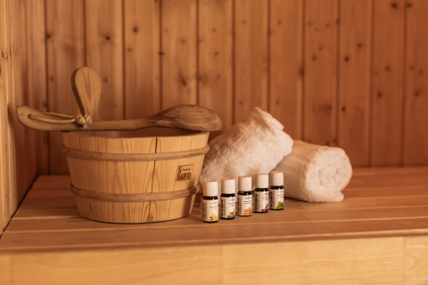 Cubo de madera, cucharón, aceites esenciales y toallas en Wellness Lodge XL en Hof van Salland, Países Bajos.