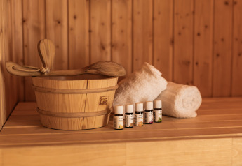 Seau en bois, louche, huiles essentielles et serviettes dans Wellness Lodge XL à Hof van Salland, Pays-Bas.