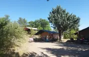 Safaritent bij Domaine Les 2 Soleils in Frankrijk, gelegen tussen bomen onder een heldere blauwe lucht.