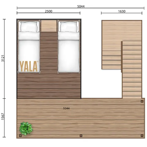 Floor plan of a Glampingtent 2p at Campsite Mareveld, Netherlands, showing beds and wooden terrace.