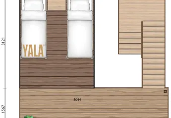 Plan du Glampingtent 2p au Camping Mareveld, Pays-Bas, montrant les lits et la terrasse en bois.