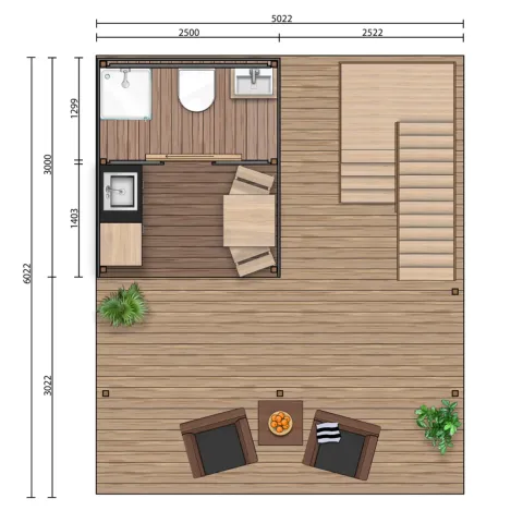 Plattegrond van een glampingtent voor 2 personen op Camping Mareveld, met badkamer, keuken en zithoek.