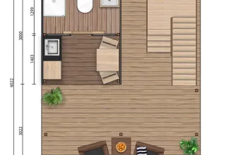 Floor plan of a 2-person safari glamping tent at Campsite Mareveld, including bathroom, kitchen, and lounge area.
