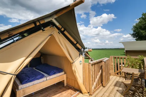 Safari tent with two beds and blue duvets, wooden terrace, and field view at Campsite Mareveld, Netherlands.