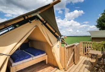 Tenda safari con due letti e piumoni blu, terrazza in legno e vista sui campi al Camping Mareveld, Paesi Bassi.