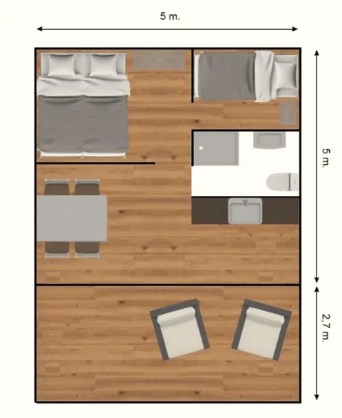 Plattegrond van Glampingtent 4p op Camping Mareveld in Nederland met slaap- en leefgedeelten.