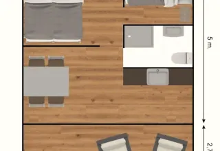Plattegrond van Glampingtent 4p op Camping Mareveld in Nederland met slaap- en leefgedeelten.