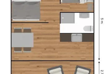 Floor plan of the Glampingtent 4p at Campsite Mareveld in the Netherlands showing bedrooms and living areas.